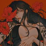  1girl bare_shoulders breast_lift breasts breasts_apart chiamo_(lmc_clm) chinese_commentary closed_mouth commentary_request ear_piercing expressionless fate/grand_order fate_(series) flower hair_in_own_mouth hair_over_one_eye large_breasts long_hair looking_at_viewer piercing poppy_(flower) red_background red_eyes red_flower red_lips revealing_clothes simple_background solo upper_body yu_mei-ren_(fate) yu_mei-ren_(second_ascension)_(fate) 