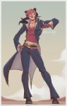 1girl belt black_hair border breasts cleavage coat cosplay crop_top double_bun fingerless_gloves full_body gloves hair_bun hair_down hand_on_own_hip highres jojo_no_kimyou_na_bouken jojo_pose kennichijou kujo_jolyne kujo_jotaro kujo_jotaro's_pose kujo_jotaro_(cosplay) long_hair long_sleeves looking_at_viewer midriff multicolored_hair multiple_belts open_clothes open_coat outdoors parted_lips pointing pointing_at_viewer popped_collar red_hair signature sky solo stardust_crusaders stone_ocean two_side_up white_border 