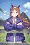  1girl animal_ears blue_coat blue_eyes blue_sky blush bow brown_hair cloud coat crossed_arms dandelion dress ear_bow ear_ribbon fence flower grass_wonder_(umamusume) happy_birthday hashtag-only_commentary highres horse_ears horse_girl horse_tail long_hair long_sleeves looking_at_viewer multicolored_hair okada_manabi open_clothes open_coat open_mouth outdoors sky smile solo tail umamusume white_dress white_hair wooden_fence 