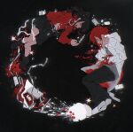  1boy 1girl black_background black_hair black_necktie black_pants black_skirt black_socks blood closed_eyes coat frills full_body happy highres hood hood_down impaled izumi_087 jewelry knife laughing long_hair long_sleeves necklace necktie open_mouth original pants pleated_skirt red_hair red_shirt scared shirt skirt socks surprised tears teeth twintails upper_teeth_only white_coat wide-eyed 