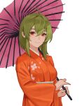  1girl absurdres ahoge closed_mouth eyelashes fl-chan fl_studio floral_print green_hair hair_between_eyes highres holding holding_umbrella japanese_clothes jonbur_man kimono looking_at_viewer medium_hair orange_kimono red_eyes sidelocks simple_background sky smile solo umbrella upper_body white_background wide_sleeves 