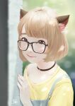  1girl absurdres animal_ears bra_strap cat_ears choker denim face glasses highres light_brown_hair looking_at_viewer original regiana_(jubi) shirt smile solo yellow_shirt 