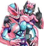  2boys armor belt commentary_request demon helmet highres kakato kamen_rider kamen_rider_revi kamen_rider_revice kamen_rider_vice multiple_boys pink_armor revice_driver rex_genome shoulder_pads simple_background stamp vistamp 