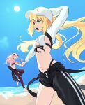  2girls arm_up artoria_caster_(fate) artoria_caster_(swimsuit_berserker)_(first_ascension)_(fate) artoria_pendragon_(fate) barefoot beach belt bikini black_belt black_bow black_pants black_ribbon blonde_hair blue_sky blunt_bangs bow breasts cnoc_na_riabh_(fate) cnoc_na_riabh_(swimsuit_foreigner)_(fate) commentary_request cowboy_shot detached_collar fate/grand_order fate_(series) floating_hair from_side green_eyes hair_between_eyes hand_on_headwear hat headpiece holding_hands hwanm_fate jacket jumping korean_commentary long_hair long_sleeves looking_at_another medb_(fate) medium_breasts midriff multiple_girls navel no_eyes ocean open_clothes open_jacket open_mouth outdoors pants peaked_cap pink_hair puffy_long_sleeves puffy_sleeves red_pants ribbon sand sidelocks sky smile standing standing_on_one_leg striped_bow summer sun swimsuit tongue twintails wavy_hair white_bikini white_hat white_jacket 