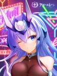  1girl absurdres ainrichman azur_lane bare_shoulders bodystocking breasts character_name chromatic_aberration eyebrows_visible_through_hair gloves hair_between_eyes headgear heart highres large_breasts long_hair neon_lights new_jersey_(azur_lane) one_eye_closed purple_eyes purple_hair see-through solo upper_body white_gloves 