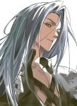  1boy armor black_shirt byo_rk collarbone collared_shirt final_fantasy final_fantasy_vii green_eyes grey_hair hashtag-only_commentary highres long_hair looking_to_the_side male_focus parted_hair parted_lips pauldrons sephiroth shirt shoulder_armor smile solo upper_body white_background wing_collar 