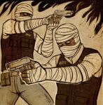  1boy aiming bandaged_arm bandaged_head bandages belt belt_pouch blue_eyes blue_pants brown_belt bulletproof_vest burn_scar commentary constricted_pupils cowboy_shot denim dots_(dotssu) english_commentary fallout fallout:_new_vegas finger_on_trigger fire gun handgun highres holding holding_gun holding_weapon jeans joshua_graham looking_ahead m1911 male_focus multiple_views outstretched_arms pants pouch scar scar_on_face shirt short_sleeves standing trigger_discipline upper_body weapon white_shirt 