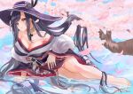  1girl absurdly_long_hair artist_name azur_lane bare_shoulders black_hair black_headwear black_kimono black_sash breasts cherry_blossoms cleavage cross cross_necklace feather_boa full_body hat highres iron_cross japanese_clothes jewelry kimono large_breasts long_hair looking_at_viewer lying michan127neko necklace off-shoulder_kimono official_alternate_costume on_side outdoors petals peter_strasser_(azur_lane) peter_strasser_(chronos&#039;s_kalendae)_(azur_lane) sash solo sun_hat very_long_hair water yellow_eyes 