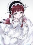 1girl absurdres blunt_bangs closed_mouth commentary_request dress feet_out_of_frame frilled_hairband frills gradient_hair hair_ornament hair_ribbon hairband highres lolita_fashion long_hair long_sleeves looking_at_viewer multicolored_hair persona persona_3 ramoredo red_hair ribbon sidelocks solo twitter_username white_dress white_hairband white_ribbon yellow_eyes yoshino_chidori 