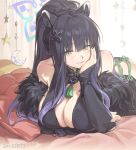  1girl animal_ear_fluff animal_ears arm_under_breasts bare_shoulders black_bridal_gauntlets black_hair blue_archive blue_halo blunt_bangs breasts bridal_gauntlets china_dress chinese_clothes chinese_commentary cleavage commentary_request dress gradient_hair green_eyes halo hand_on_own_cheek hand_on_own_face jiu_jiu_jiu_jiu large_breasts long_hair long_sidelocks lying multicolored_hair off_shoulder on_bed on_stomach pelvic_curtain ponytail shun_(blue_archive) sidelocks solo tiger_ears tiger_girl 