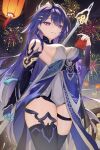  1girl absurdres aerial_fireworks black_thighhighs breasts chinese_commentary commentary_request envelope fireworks flag888 highres holding holding_envelope holding_pickaxe hongbao honkai_(series) honkai_impact_3rd japanese_clothes kimono lantern large_breasts long_hair night paper_lantern pickaxe purple_eyes purple_hair purple_kimono raiden_mei raiden_mei_(xentinel:_dawnbearing_crescent) sky_lantern smile solo thighhighs thighs very_long_hair 