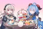  2girls absurdres ahoge armor armored_dress bangs bare_shoulders bell black_gloves black_headband blue_hair blush bow cake cake_slice chair closed_eyes closed_mouth commentary commission corrin_(fire_emblem) corrin_(fire_emblem)_(female) crossover cup cupcake curled_horns dress eating eyebrows_visible_through_hair fire_emblem fire_emblem_fates food fruit ganyu_(genshin_impact) gauntlets genshin_impact gloves goat_horns grey_hair hair_between_eyes hair_bow hand_on_own_cheek hand_on_own_face headband heart highres holding holding_cup horns juliet_sleeves lips long_hair long_sleeves looking_at_another macaron manakete multiple_girls neck_bell open_mouth pink_lips pointy_ears ponytail pudding puffy_sleeves red_eyes red_horns sidelocks sitting smile strawberry symbol-only_commentary table teacup teapot very_long_hair wide_sleeves yasaikakiage 