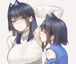  2girls absurdres arm_up armpits bakushin_o_armpit_gif_(meme) bare_shoulders blue_bow blue_bowtie blue_eyes blue_hair blue_shirt blue_streaks blunt_bangs blunt_ends blunt_sidelocks blush bow bowtie breasts closed_eyes closed_mouth commentary detached_sleeves dual_persona embarrassed english_commentary hair_behind_ear hair_intakes half-closed_eyes highres hime_cut hololive hololive_english large_breasts licking licking_armpit long_hair looking_at_another meme multiple_girls no_jacket nurizza_ilst ouro_kronii ouro_kronii_(4th_costume) ouro_kronii_(casual) presenting_armpit raised_eyebrow selfcest shirt short_hair sidelocks sleeveless sleeveless_sweater sleeveless_turtleneck sweat sweater sweaty_armpits turtleneck turtleneck_sweater upper_body virtual_youtuber white_sweater yuri 