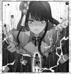  1boy 1girl @_@ armor blunt_bangs blunt_ends bodysuit choppy_bangs closed_mouth collarbone curled_fingers electricity eyelashes facing_down fan_hair_ornament fingernails flower furisode genshin_impact giant giantess greyscale hair_flower hair_ornament hand_on_own_face japanese_armor japanese_clothes kimono kote layered_sleeves long_hair long_sidelocks looking_at_another mitsudomoe_(shape) mole mole_under_eye monochrome mother_and_son o-ring raiden_shogun roge_gnsn rope rubble sash scaramouche_(genshin_impact) shaded_face shimenawa short_sleeves shorts shrug_(clothing) sidelocks single_sode standing swept_bangs tassel tassel_hair_ornament tomoe_(symbol) tsurime 