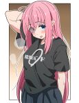  1girl black_shirt black_skirt blue_eyes blush bocchi_the_rock! breasts commentary gotoh_hitori highres kessoku_band_t-shirt long_hair looking_at_viewer noyama_takenoko open_mouth pink_hair shirt skirt solo sweatdrop t-shirt very_long_hair 