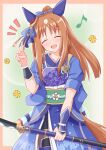  1girl animal_ears armor blue_kimono blush bow breasts brown_hair closed_eyes commentary_request dandelion ear_covers facing_viewer flower grass_wonder_(honor_of_the_blue_flame)_(umamusume) grass_wonder_(umamusume) green_sash hair_between_eyes hair_bow hair_ornament highres holding holding_polearm holding_weapon horse_ears horse_girl horse_tail japanese_armor japanese_clothes kimono long_hair mokichi3356 multicolored_hair musical_note naginata official_alternate_costume official_alternate_hairstyle open_mouth polearm ponytail sash smile solo tail umamusume v weapon white_hair 