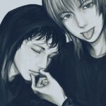  2boys :p animification artyom_anoufriev closed_eyes closed_mouth grey_background greyscale hair_between_eyes hand_on_another's_face hand_up highres hood hood_up light_smile lips long_sleeves looking_at_viewer male_focus menghuanhuabingchang37045 monochrome multiple_boys nikita_lytkin real_life realistic shirt short_hair simple_background thick_eyebrows tongue tongue_out true_crime u_u upper_body 