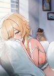  1girl ayul_(ayulneri_92) bare_shoulders blonde_hair blush bra braid closed_mouth commentary_request genshin_impact grey_bra highres indoors lumine_(genshin_impact) lying pillow smile solo underwear upper_body yellow_eyes 