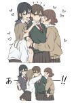 4girls ? ?? absurdres affectionate_harem arm_hug arms_around_neck black_hair blue_eyes blush brown_hair brown_skirt collared_shirt commentary_request commission fang green_eyes green_sweater grey_sweater hair_bun heart highres hug long_hair moonbell multiple_girls necktie open_mouth original pleated_skirt red_necktie school_uniform shirt short_hair simple_background skeb_commission skin_fang skirt sweater white_background white_shirt yuri 