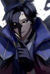  1boy black_gloves black_hair black_sclera broken_mask claw_ring colored_sclera commentary_request dire_crowley gloves highres index_finger_raised looking_at_viewer male_focus mask pointy_ears solo twisted_wonderland upper_body white_background yano_(zri_088) yellow_eyes 