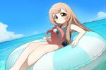  1girl absurdres afloat ball bare_arms bare_legs beachball black_one-piece_swimsuit blonde_hair blue_sky brown_eyes cloud day feet_out_of_frame hand_rest highres horizon innertube keibi_inu knees looking_at_viewer ocean on_innertube one-piece_swimsuit oomuro-ke oomuro_hanako outdoors sky smile solo swim_ring swimsuit tareme water yuruyuri 