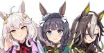  3girls ahoge animal_ears biwa_hayahide_(pf._winning_equation...)_(umamusume) biwa_hayahide_(umamusume) black_coat black_hair black_shirt blunt_bangs braid brown_eyes brown_hair closed_mouth coat collared_shirt commentary_request dream_journey_(reminder_of_dreamland)_(umamusume) dream_journey_(umamusume) gloves green_jacket grey_hair hair_ornament hair_over_shoulder hand_up highres horse_ears horse_girl jacket lace lace_gloves long_hair long_sleeves looking_at_viewer multicolored_hair multiple_girls neck_ribbon no_eyewear red_ribbon ribbon shirt simple_background single_braid smile streaked_hair umamusume uxxxjf very_long_hair white_background zenno_rob_roy_(heroic_author)_(umamusume) zenno_rob_roy_(umamusume) 