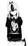  1girl aiming aiming_at_viewer blue_archive choker collarbone demon_horns greyscale gun h&amp;k_p30 hair_between_eyes halo handgun head_tilt highres holding holding_gun holding_weapon hood hood_down hoodie horns kayoko_(blue_archive) long_sleeves looking_at_viewer medium_hair miniskirt mole mole_on_neck monochrome multicolored_hair parted_lips pleated_skirt sidelocks simple_background single_wing sketch skirt solo standing two-tone_hair upper_body weapon white_background wings y4mori_gekko 