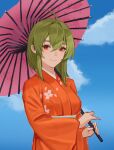  1girl absurdres ahoge blue_sky closed_mouth cloud eyelashes fl-chan fl_studio floral_print green_hair hair_between_eyes highres holding holding_umbrella japanese_clothes jonbur_man kimono looking_at_viewer medium_hair orange_kimono red_eyes sidelocks sky smile solo umbrella upper_body wide_sleeves 