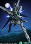  after_war_gundam_x aqua_eyes beam_rifle commentary_request company_name copyright_logo copyright_name copyright_notice energy_gun flying full_moon glowing glowing_eyes green_eyes gun gundam gundam_arsenal_base gundam_x holding holding_gun holding_weapon logo m_yuzuruha mecha mecha_focus mobile_suit moon night no_humans official_art outdoors robot science_fiction solo thrusters v-fin weapon 
