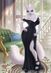  2021 4_toes 5_fingers anthro blue_eyes breasts clothed clothing day detailed_background digital_media_(artwork) domestic_cat dress eyebrows eyelashes feet felid feline felis female fingers fur hi_res mammal smile solo sorafoxyteils toes white_body white_fur 