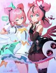  2girls aqua_hair aqua_streaks aria_(discordant_note)_(zenless_zone_zero) aria_(zenless_zone_zero) bare_shoulders black_bridal_gauntlets black_choker black_dress black_hair black_streaks blue_eyes bridal_gauntlets center_frills choker collarbone commentary_request cowboy_shot crossed_bangs detached_collar dress dual_persona fingerless_gloves frills gloves hair_between_eyes highres looking_at_viewer multicolored_hair multiple_girls official_alternate_costume one_eye_closed pink_gloves pink_hair red_wings skull_ornament star-shaped_pupils star_(symbol) streaked_hair symbol-shaped_pupils uixy v v_over_eye white_dress white_wings wings zenless_zone_zero 
