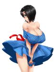  1girl :o aqua_eyes bangs bare_shoulders black_hair blue_dress breasts cleavage collarbone covered_nipples covering covering_crotch cowboy_shot dress eyebrows hair_over_one_eye huge_breasts looking_at_viewer off-shoulder_dress off_shoulder one_eye_covered open_mouth original polka_dot polka_dot_dress ribbon saya_(twrlare) short_hair simple_background solo twrlare v_arms white_background 