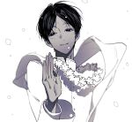  1boy axis_powers_hetalia bindi commentary dark-skinned_male dark_skin flower flower_necklace greyscale highres india_(hetalia) lei long_sleeves looking_at_viewer male_focus monochrome shirt short_hair smile solo upper_body zishengtian123 