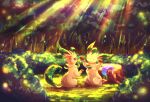  akihorisu black_eyes brown_eyes bush closed_mouth commentary_request day ditto forest grass highres leafeon light_rays nature outdoors pokemon pokemon_(creature) sitting smile transformed_ditto tree tree_stump 