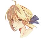  1girl absurdres ahoge artoria_pendragon_(fate) blonde_hair blue_bow blush bow braid braided_bun commentary_request fate/stay_night fate_(series) floating_hair green_eyes hair_between_eyes hair_bow hair_bun half-closed_eyes highres looking_at_viewer saber_(fate) short_hair sidelocks simple_background smile solo teeth upper_body white_background yaajjjjjp 