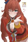 1girl ;o animal_ears blowing_kiss blue_bow blush bow breasts brown_hair brown_sailor_collar cleavage ear_bow english_text hair_between_eyes heart highres hololive horse_ears horse_girl houshou_marine houshou_marine_(summer) jacket large_breasts leaning_forward long_hair long_sleeves looking_at_viewer maruzensky_(formula_r)_(umamusume) maruzensky_(umamusume) namikare one_eye_closed pentagram pleated_skirt red_jacket sailor_collar simple_background skirt solo umamusume very_long_hair white_background 