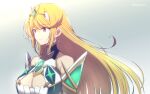  1girl bangs bare_shoulders blonde_hair breasts chest_jewel cleavage cleavage_cutout clothing_cutout highres large_breasts long_hair mochimochi_(xseynao) mythra_(xenoblade) solo swept_bangs very_long_hair xenoblade_chronicles_(series) xenoblade_chronicles_2 yellow_eyes 