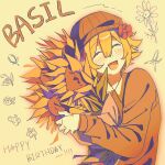  ! !! 1boy :d ^_^ basil_(birthday)_(omori) basil_(faraway)_(omori) basil_(omori) blonde_hair blush bouquet brown_cardigan brown_hat cactus cardigan center-flap_bangs character_name closed_eyes collared_shirt commentary dated_commentary double-parted_bangs english_commentary english_text facing_ahead facing_up flipped_hair floral_background flower gardening_shears gladiolus hair_between_eyes hair_flower hair_ornament hand_up happy_birthday hat highres holding holding_bouquet kukiio_233 leaf lily_of_the_valley lower_teeth_only male_focus newsboy_cap official_alternate_costume omori open_cardigan open_clothes open_mouth outline pink_outline red_flower rose shears shirt short_hair sidelighting sidelocks simple_background smile solo sunflower teeth tongue tulip upper_body white_shirt yellow_background 