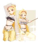  absurdres belt blonde_hair bocchi_the_rock! breasts brown_eyes commentary crop_top eltir headband highres ijichi_nijika looking_at_viewer navel pantyhose shrug_(clothing) small_breasts stomach striped_clothes untranslatable_commentary vertical-striped_clothes yellow_pantyhose 