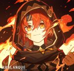  1boy absurdres character_name chinese_commentary clenched_hand cloak close-up closed_mouth commentary_request english_text facial_tattoo fingerless_gloves fire genshin_impact gloves hair_between_eyes head_tilt headband highres hood hood_up hooded_cloak light_particles light_smile lofter_username orange_eyes portrait red_background red_hair single_sidelock sjengu_shintani solo tattoo upper_body wavy_hair xbalanque_(genshin_impact) 