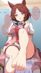  1girl absurdres animal_ears ascot barefoot blush breasts brown_hair commentary ear_ornament english_commentary english_text feet flower-shaped_pupils foot_focus highres horse_ears horse_girl horse_tail legs looking_at_viewer medium_breasts open_mouth pink_ascot pink_eyes pink_hair pink_shirt puffy_short_sleeves puffy_sleeves sakura_laurel_(saisir_le_reve)_(umamusume) sakura_laurel_(umamusume) sheita shirt short_hair short_sleeves shorts sitting speech_bubble sweat symbol-shaped_pupils tail thighs toenails toes umamusume white_shorts 