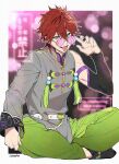  1boy :p adjusting_eyewear amagi_rinne artist_name asymmetrical_clothes belt black_bridal_gauntlets blue_eyes border bridal_gauntlets chinese_clothes crossed_bangs ear_piercing earrings ensemble_stars! glasses green_pants grey_shirt hair_between_eyes hand_up highres jewelry lens_flare long_sleeves looking_at_viewer lunapont male_focus mandarin_collar o-ring o-ring_belt official_alternate_costume open_mouth outside_border pants perplex_(ensemble_stars!) piercing purple-tinted_eyewear red_hair round_eyewear shirt short_hair single_bridal_gauntlet single_sleeve sitting smile solo stud_earrings tassel tinted_eyewear tongue tongue_out watermark white_belt white_border 