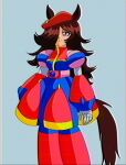  1990s_(style) 1girl absurdres android animal_ears beret blue_background breasts brown_hair cosplay dress faux_retro_artstyle flipped_hair gloves hair_between_eyes hair_over_one_eye hat highres horse_ears horse_girl horse_tail iris_(mega_man) iris_(mega_man)_(cosplay) joints long_hair lueduar mega_man_(series) mega_man_x4 mega_man_x_(series) multicolored_dress purple_eyes red_hat retro_artstyle rice_shower_(umamusume) robot_girl robot_joints simple_background smile solo standing tail umamusume vhs_artifacts white_gloves 