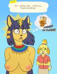  2021 animal_crossing ankha_(animal_crossing) anthro big_breasts blush breasts canid canine canis conditional_dnp dialogue domestic_cat domestic_dog duo english_text eyes_closed felid feline felis female fur hi_res isabelle_(animal_crossing) kadath mammal nintendo nipples shih_tzu text toy_dog video_games yellow_body yellow_fur 