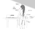  1girl ahoge apron blush closed_mouth cooking dishes from_behind girls&#039;_frontline greyscale heart helianthus_(girls&#039;_frontline) highres huqu kitchen korean_text long_hair monochrome naked_apron pot smile solo spoken_heart standing translation_request 