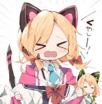  &gt;_&lt; &gt;o&lt; 2girls animal_ears bangs blonde_hair blue_archive blue_necktie blush bow byako_(srktn) cat_ear_headphones cat_ears cat_tail chibi commentary fake_tail green_bow hair_bow headphones highres jacket low_twintails midori_(blue_archive) momoi_(blue_archive) multiple_girls necktie off_shoulder red_bow tail tears translated twintails w_arms white_jacket 