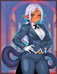  1girl arknights belt blue_background blue_outline blush border breasts brown_border buttons caffichai closed_mouth commentary cowboy_shot dark_skin earrings english_commentary gloves hands_on_own_hips highres jewelry long_hair long_sleeves looking_at_viewer medium_breasts melanite_(arknights) orange_eyes outline pointy_ears ponytail purple_hair purple_tail sidelocks solo tail white_gloves wing_collar 