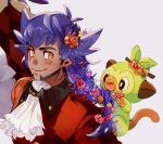  1boy alternate_hairstyle argyle bangs blush braid braided_ponytail bright_pupils buttons cape closed_mouth coat commentary_request dark-skinned_male dark_skin facial_hair flower fur-trimmed_coat fur_trim grookey hair_flower hair_ornament jabot leon_(pokemon) long_hair male_focus pokemon pokemon_(creature) pokemon_(game) pokemon_swsh purple_hair red_cape smile stj_pkmn tailcoat white_jabot white_pupils yellow_eyes 