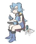  1girl :t bag bangs bare_arms blue_bodysuit blue_gloves blue_hair bodysuit boots box breasts can cape chopsticks clair_(pokemon) closed_mouth commentary eating food gloves grey_eyes grey_footwear hair_between_eyes highres holding holding_box holding_chopsticks knees long_hair pokemon pokemon_(game) pokemon_hgss ponytail sitting solo tied_hair tirarizun 