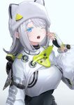  1girl absurdres animal_ear_headwear arknights arknights:_endfield bandaid bandaid_on_face blue_eyes breasts commentary_request covered_navel estella_(arknights) fingerless_gloves gloves grey_background grey_hair hat hat_with_ears highres long_sleeves looking_at_viewer one_eye_closed open_mouth shrug_(clothing) simple_background solo upper_body white_gloves white_shrug yosshii_(yossie255) 